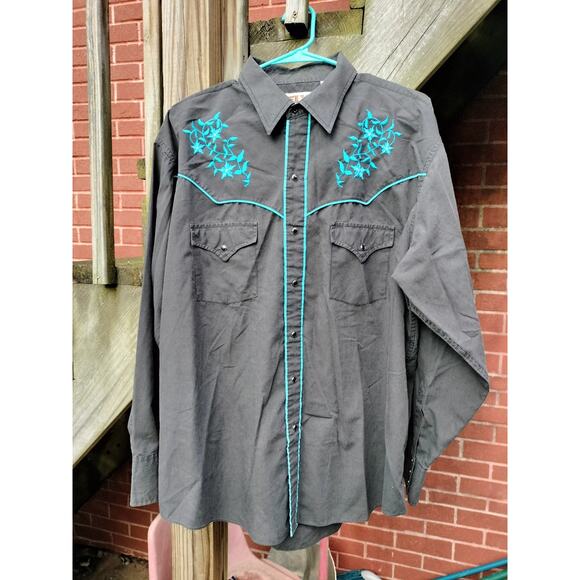 ELY CATTLEMAN XL Western Shirt - Aqua/Turquoise Floral Embroidery - Black Piping - Picture 1 of 6
